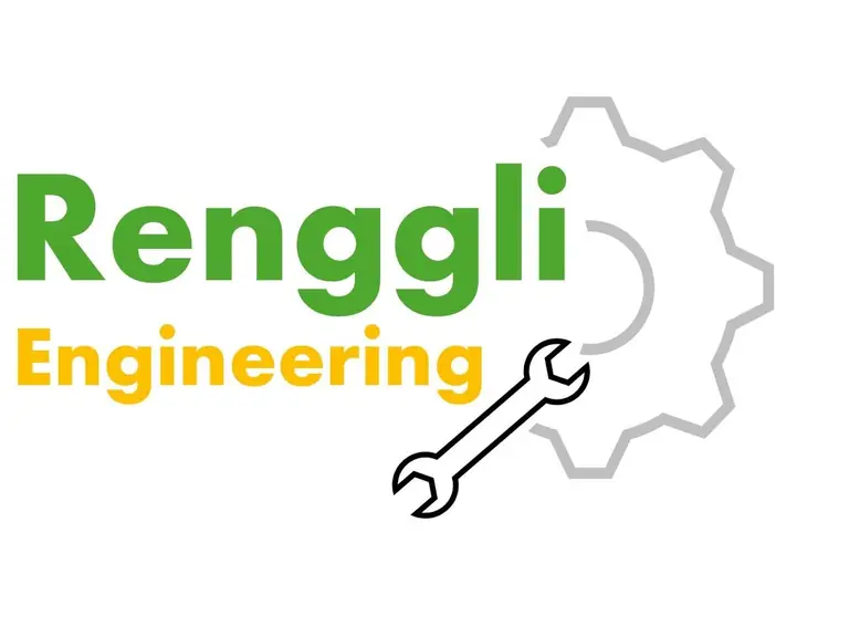 Erster Logo-Entwurf: Schriftzug Renggli Engineering in Grün und Gelb-Orange mit grauem Zahnrad und schwarzem Gabelschlüssel